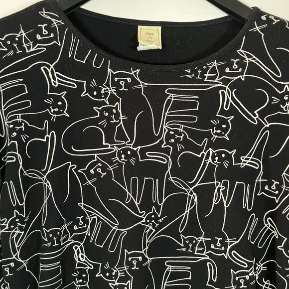 Jess & Jane T-Shirt Top 1X Cat Sketch Stretch Black White Artsy Eclectic Casual - Picture 2 of 7